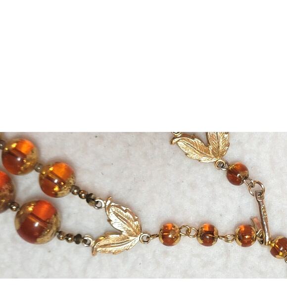 Vintage Signed Japan Electroplated Edge Amber Beaded Necklace Lucite 2 Strand - Picture 4 of 7